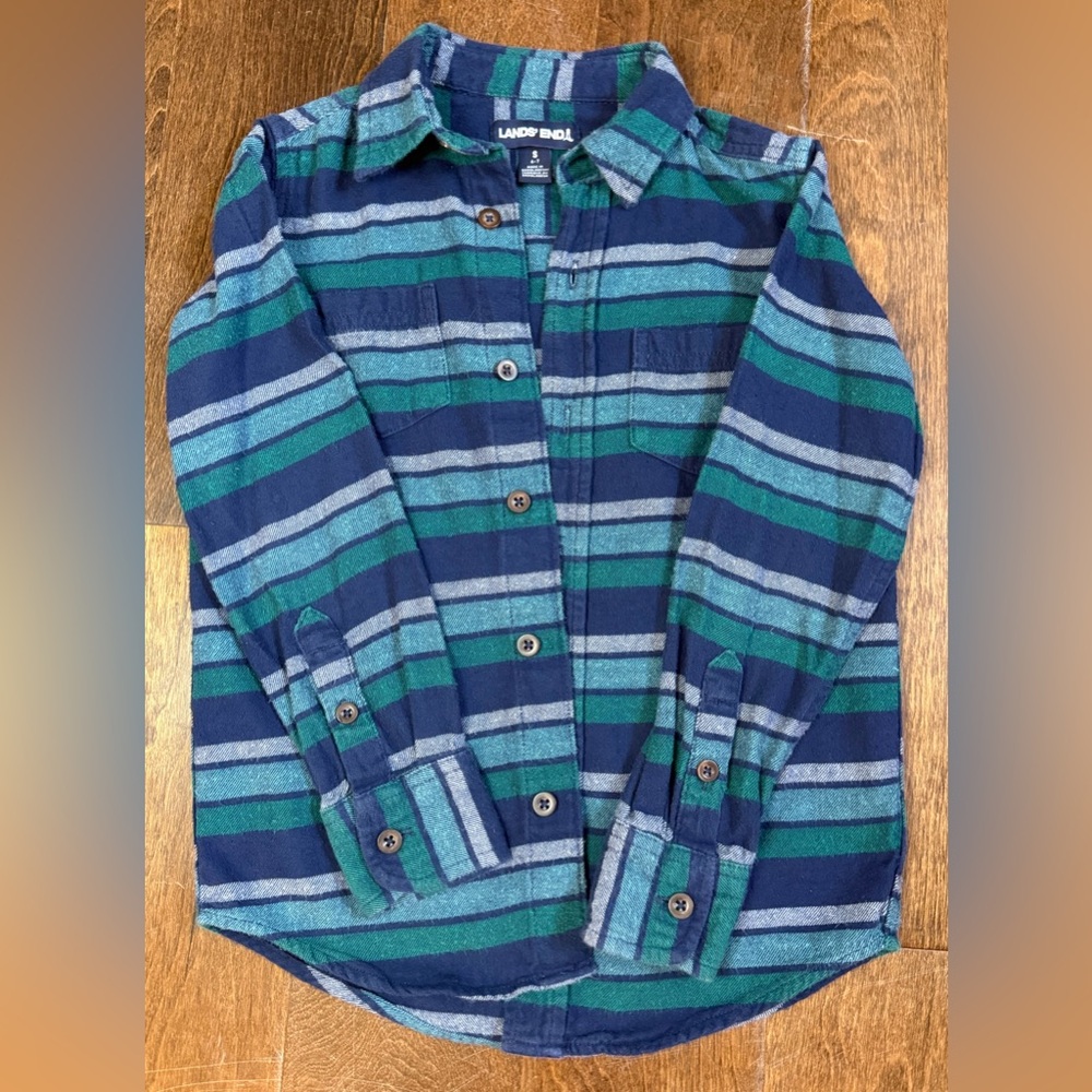 Lands' End Boy 6-7 S Blue and Green Striped Flannel Shirt